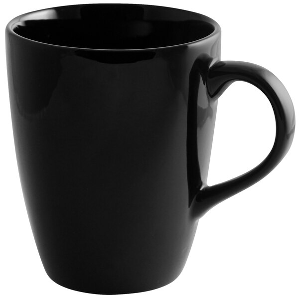 A 10 Strawberry Street black porcelain barrel mug with a black rim and handle.