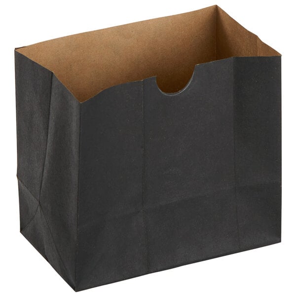 A black paper bag with brown inside.