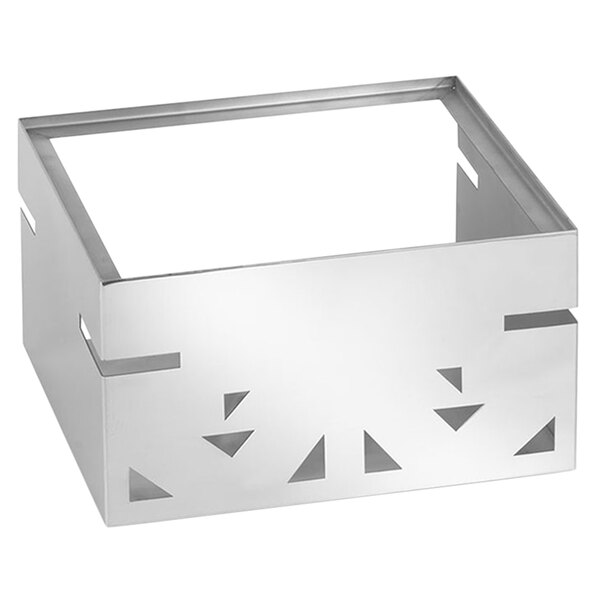 A silver metal box with a square top and a triangle design on the sides.