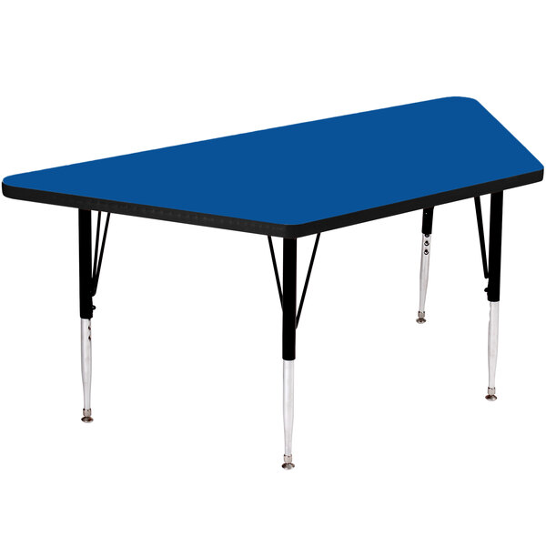 A blue rectangular Correll activity table with black legs.