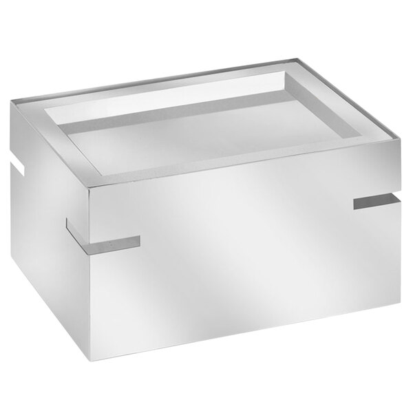 A white rectangular box with a clear glass lid.