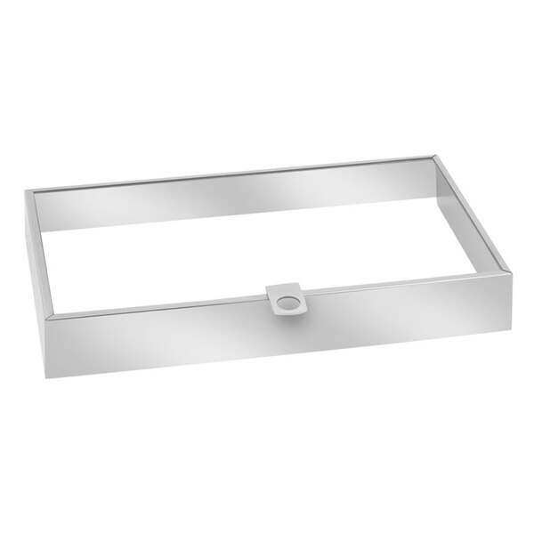 A rectangular white acrylic lid with a stainless steel accent and a button handle.