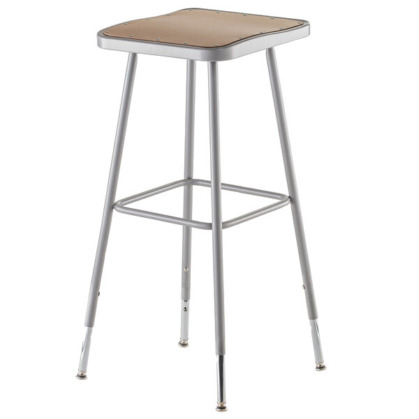 A National Public Seating lab stool with a square adjustable hardboard seat and metal frame.