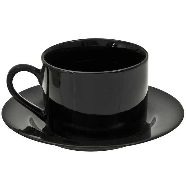 A black 10 Strawberry Street porcelain coffee cup and saucer.