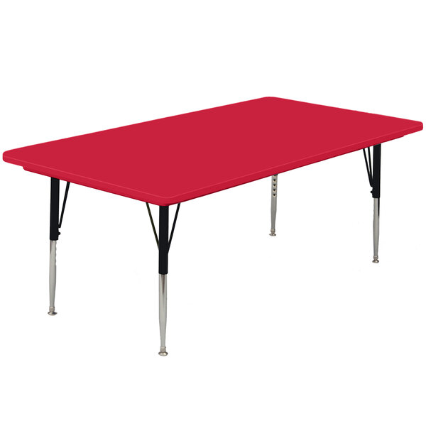 A red rectangular Correll activity table with adjustable black legs.