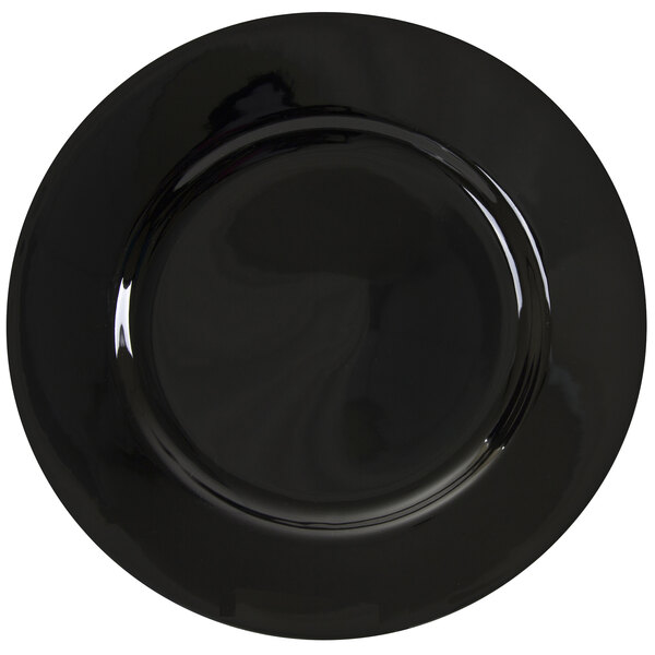 A white porcelain dinner plate with a black rim.