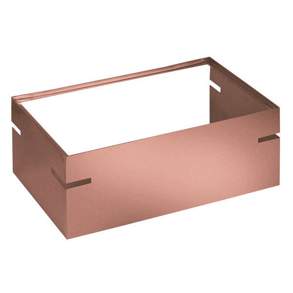 A copper coated stainless steel modular buffet stand with a white lid.