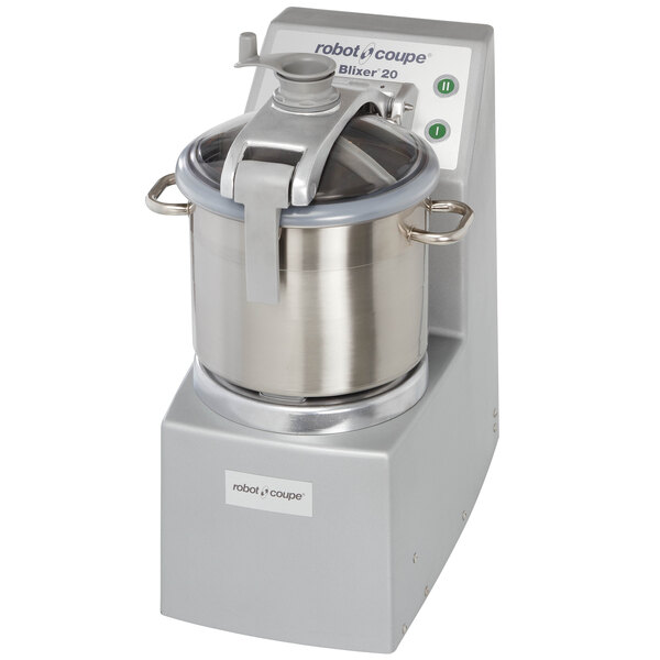 A Robot Coupe stainless steel batch bowl food processor with a lid.