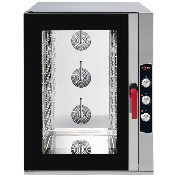 An Axis stainless steel combi oven with four glass doors.