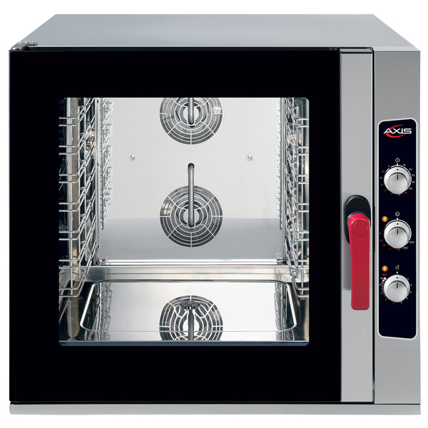A black and silver Axis full size combi oven with manual controls and two glass doors.