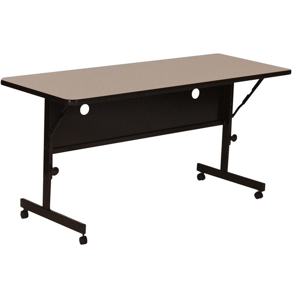 A rectangular Correll Savannah Sand high pressure laminate seminar table with wheels.