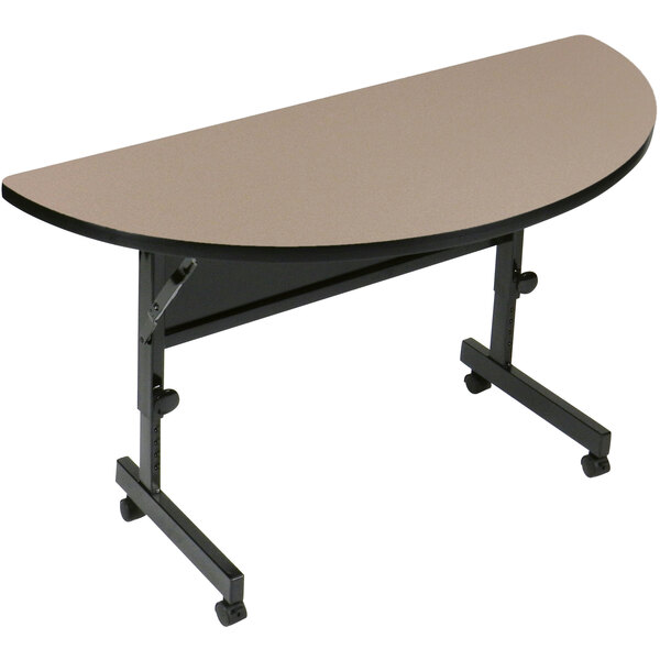 A Correll Savannah Sand half round seminar table with a curved top and wheels.