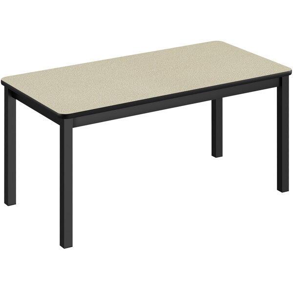 A Correll rectangular library table with a beige top and black legs.