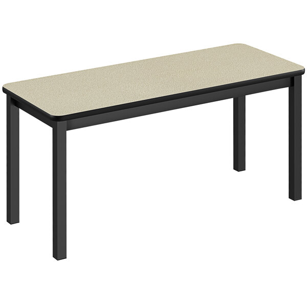 A Correll rectangular library table with a beige top and black base.