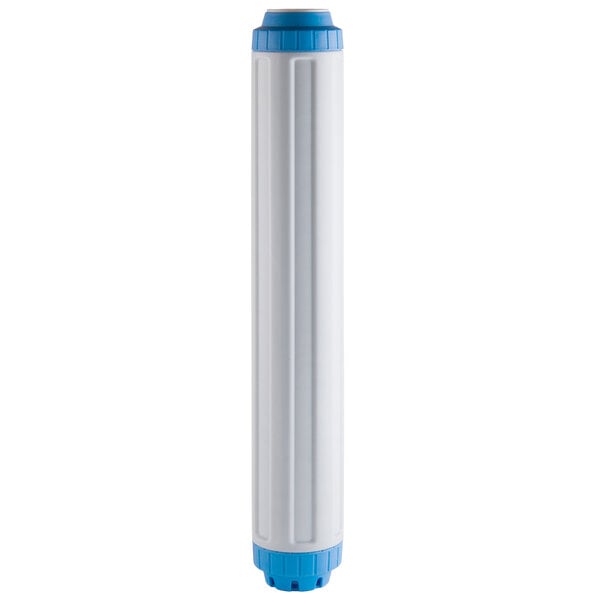 A white and blue C Pure water filter cartridge.