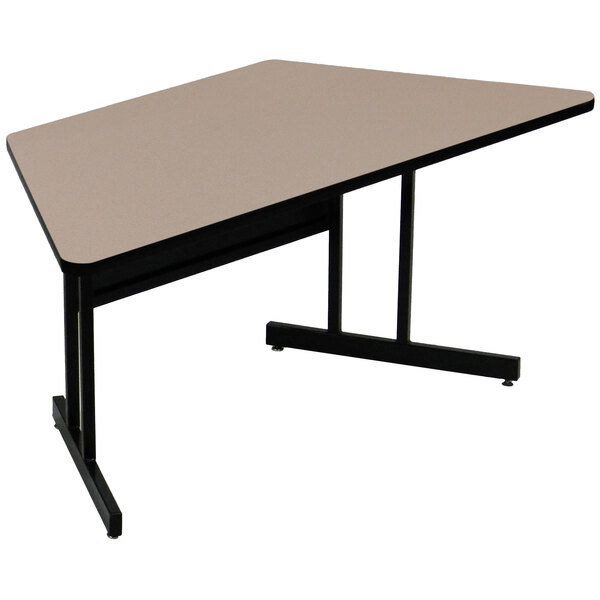 A rectangular Correll computer table with a black base and beige top.