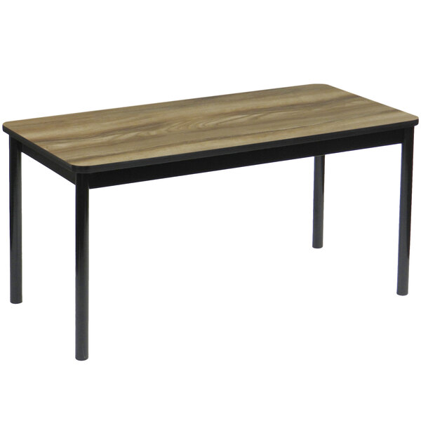 A Correll library table with a wood top and black legs.