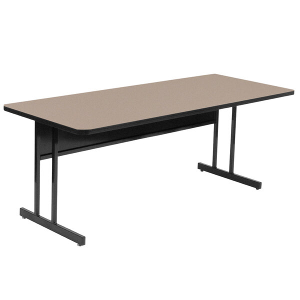 A rectangular Correll computer table with a brown high pressure top and black legs.