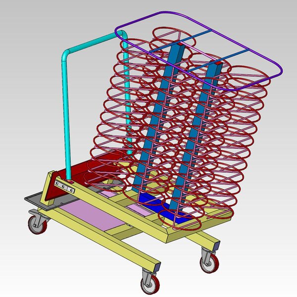 An Alto-Shaam roll-in plate cart with red coil springs.