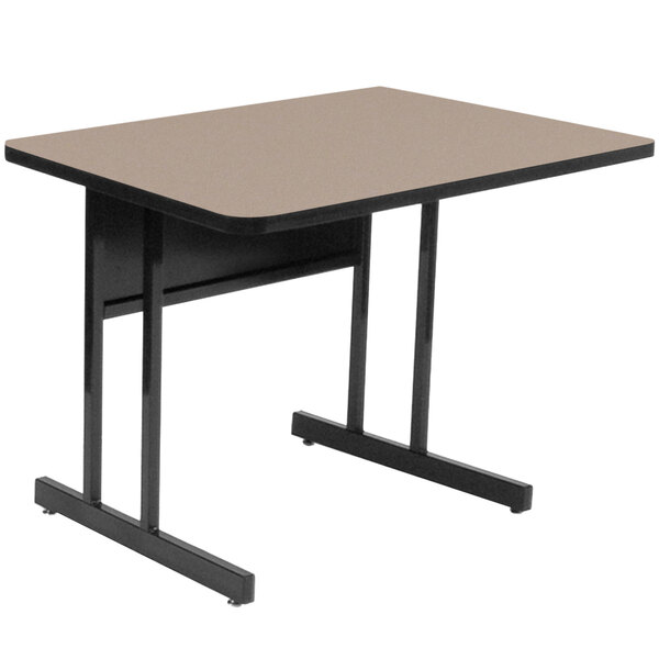 A rectangular Correll computer table with black legs and a beige top.