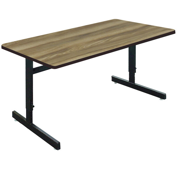 A Correll rectangular computer table with a Colonial Hickory high-pressure top and black adjustable height legs.