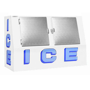 A white metal Polar Temp ice merchandiser with blue letters.