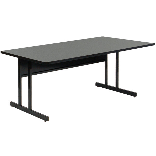 A rectangular black Correll computer table with metal legs and a grey granite top.