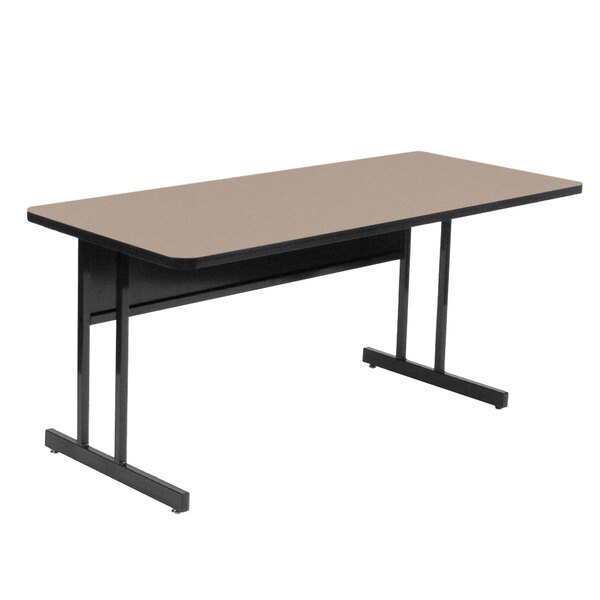 A rectangular Correll desk with a beige top and black legs.