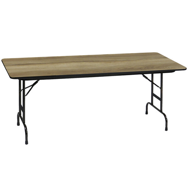 A rectangular Correll folding table with a Colonial Hickory wood surface and black legs.