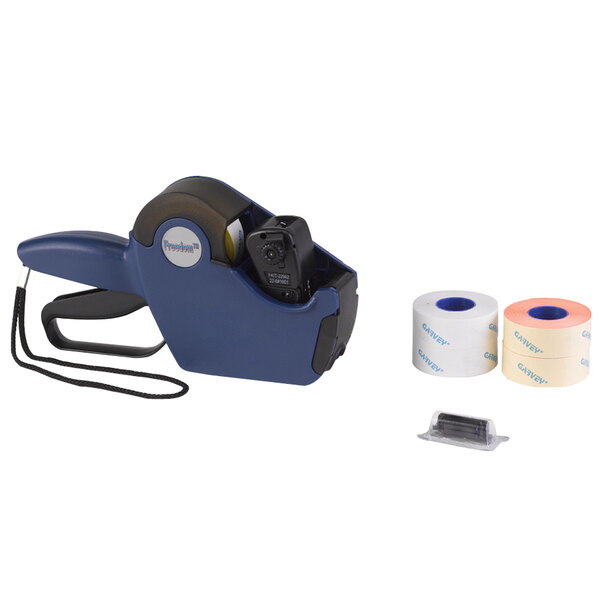 A blue Garvey labeler tape dispenser with rolls of white and blue label tape.