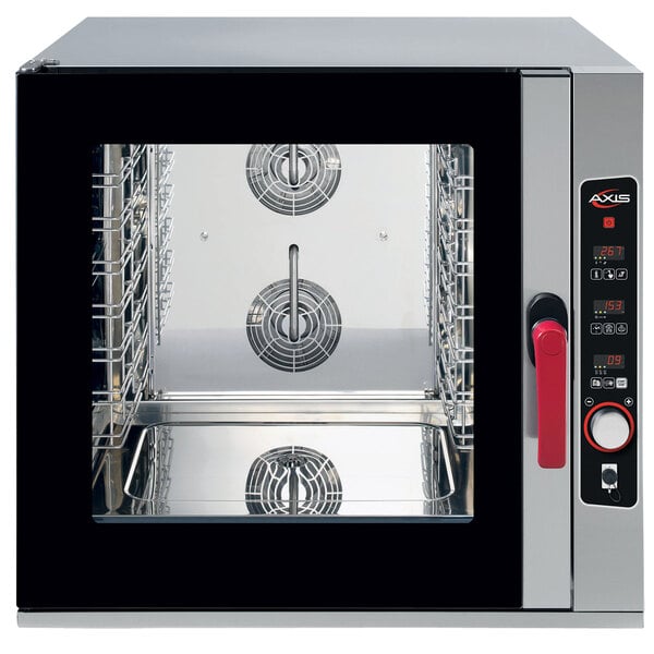 A black and silver Axis combi oven with a glass door and digital controls.