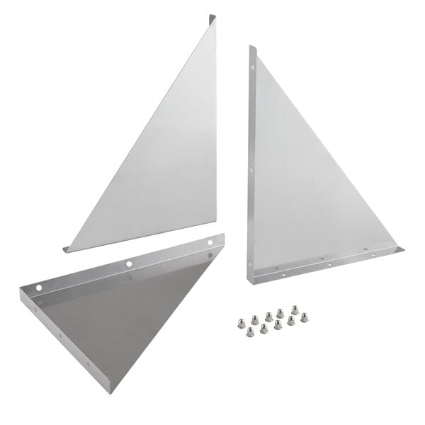 A metal box with a triangular piece inside - the Regency Bracket and Hardware Kit for 18" Stainless Steel Wall Mount Shelves.