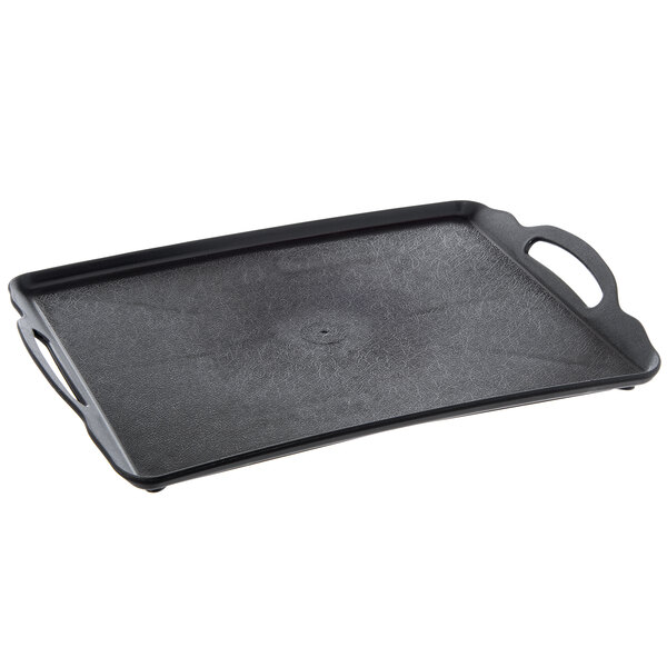A black rectangular Dinex room service tray with handles.