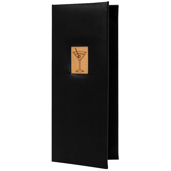 A black menu cover with a wood martini inlay.