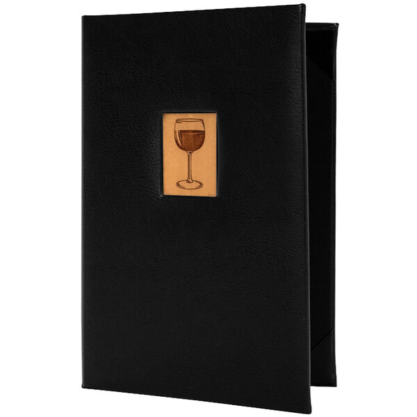 A black menu cover with a wood wine inlay with a glass of wine on it.