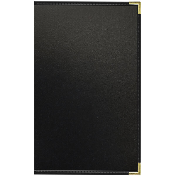 A black leather menu cover with gold corners.