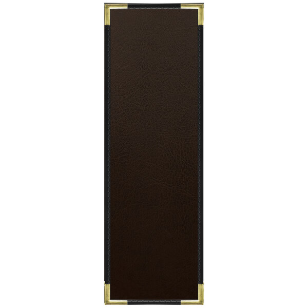 A rectangular brown leather menu cover with black trim.