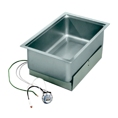 A rectangular metal drop-in hot food well with wires.