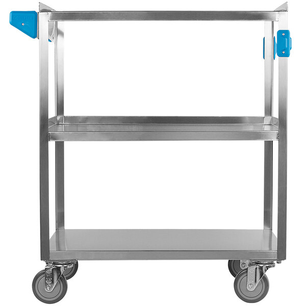 A Carlisle stainless steel utility cart with blue handles.