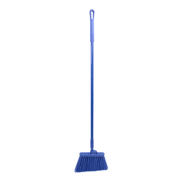 A blue broom with a handle.