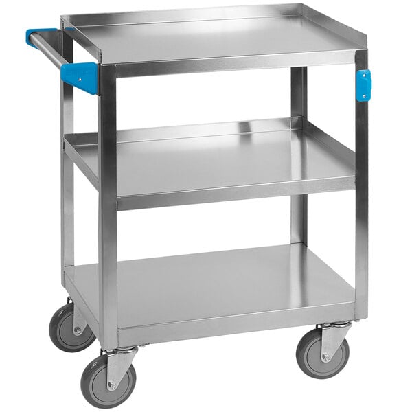 A stainless steel Carlisle utility cart with blue handles.