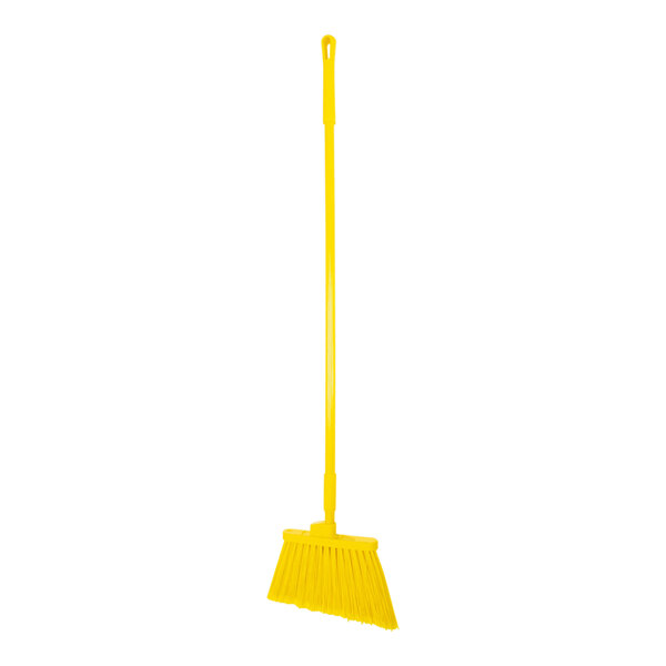 A yellow broom with a handle on a white background.