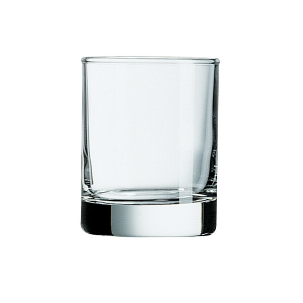 A close-up of a clear Arcoroc glass votive holder.