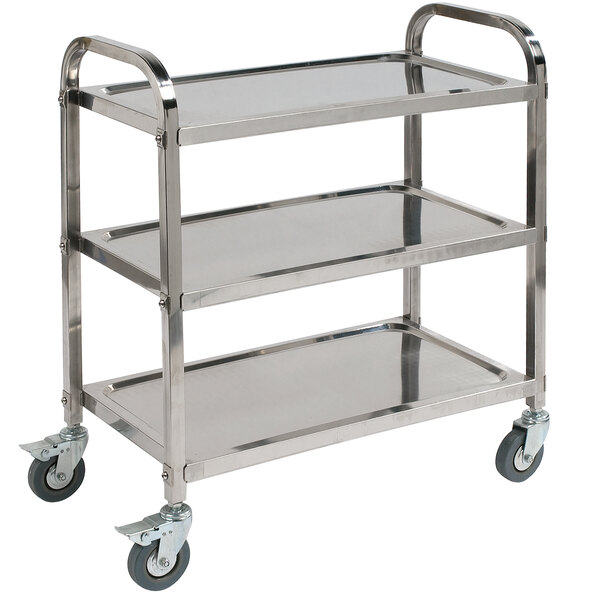 A silver stainless steel Carlisle utility cart with three shelves.