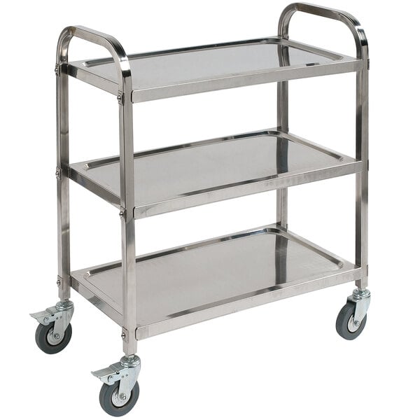A stainless steel Carlisle utility cart with three shelves.