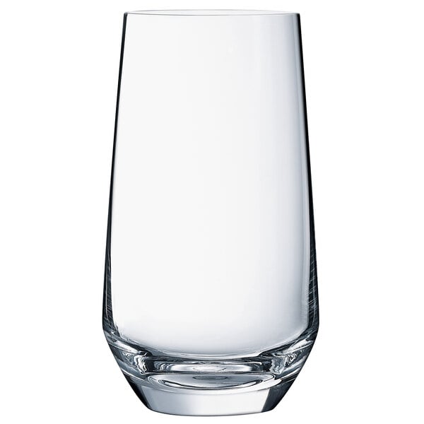 A close-up of a clear Chef & Sommelier beverage glass with a white background.