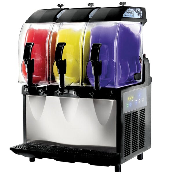 A Crathco triple granita machine with different colors of slushy in it.