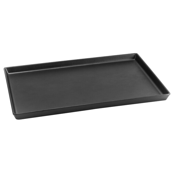 A black rectangular Delfin melamine tray with a handle.