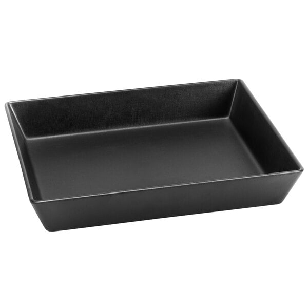A black rectangular Delfin melamine bowl with a handle.