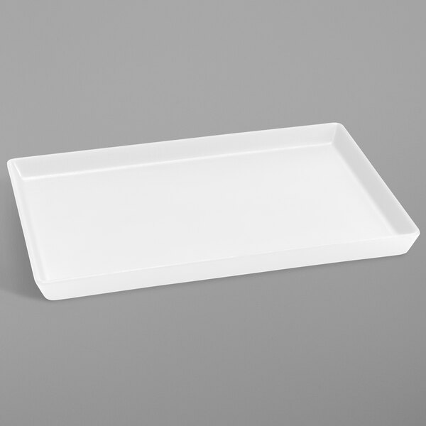 A white rectangular Delfin melamine tray with a black lid.